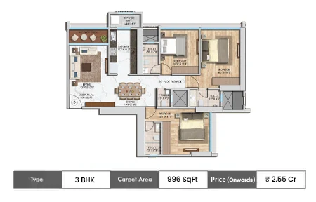 Sai Emerald 3 BHK floor plan, 996 sq ft carpet area
