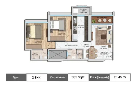 Sai Emerald 2 BHK floor plan, 585 sq ft carpet area